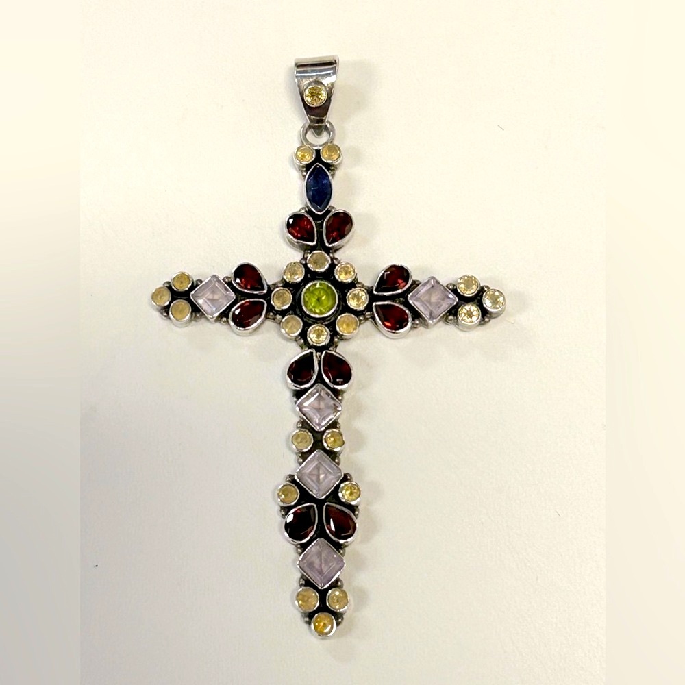925 sterling silver garnet, citrine, amethyst, peridot cross necklace pendant